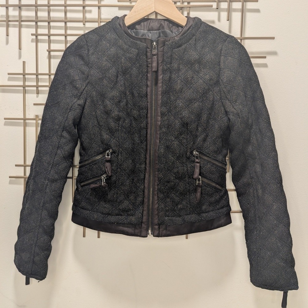 Zara Basic Quilted Moto Jacket Gray Herringbone Wool Blend Sz S Minimalist Chic